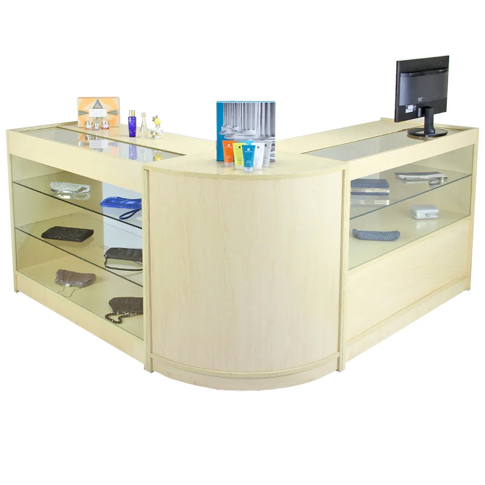 Stylish maple wood retail display counter with glass shelves, featuring a modern design and ample space for merchandise and a monitor