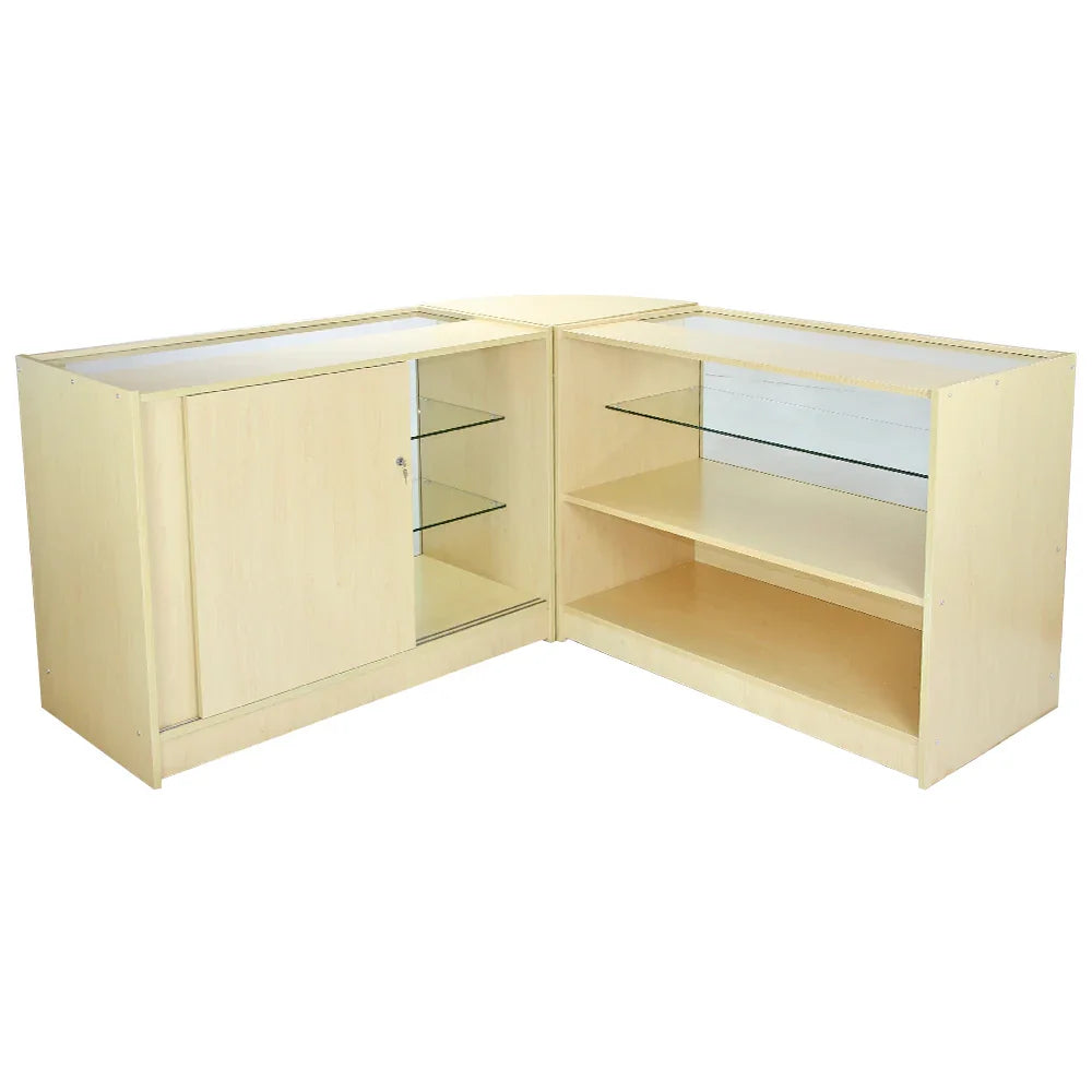 Light maple wood retail display set featuring glass shelves and a secure cabinet, ideal for showcasing products in stores