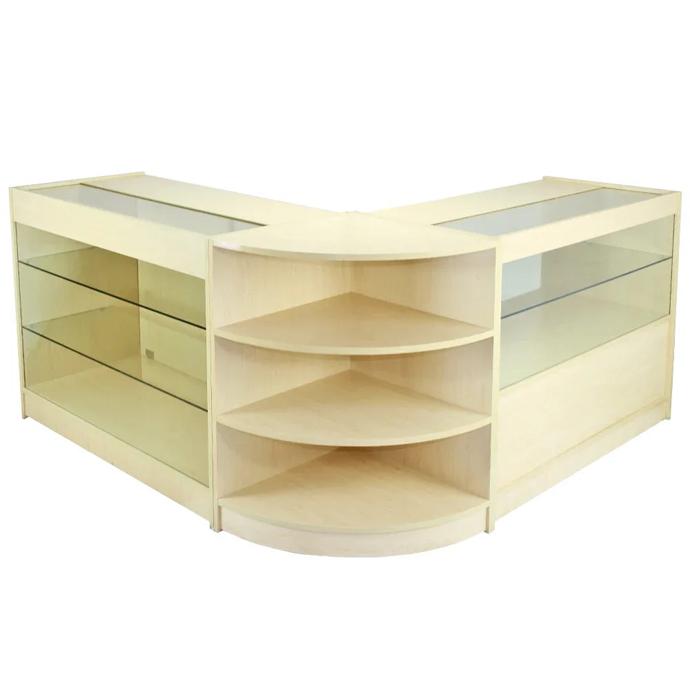Jupiter Maple Shop Counter & Retail Display Set featuring light maple wood, curved edges, and glass shelves for stylish product showcasing