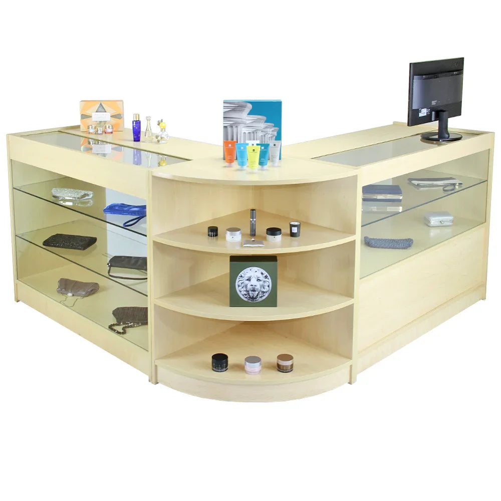 Jupiter Maple Shop Counter with glass display shelves, light maple finish, and a modern design, ideal for retail environments