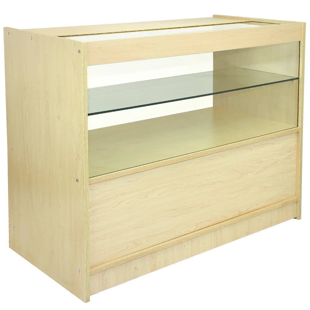 Jupiter Maple Shop Counter with a light maple finish, featuring a glass display shelf and a spacious storage drawer below
