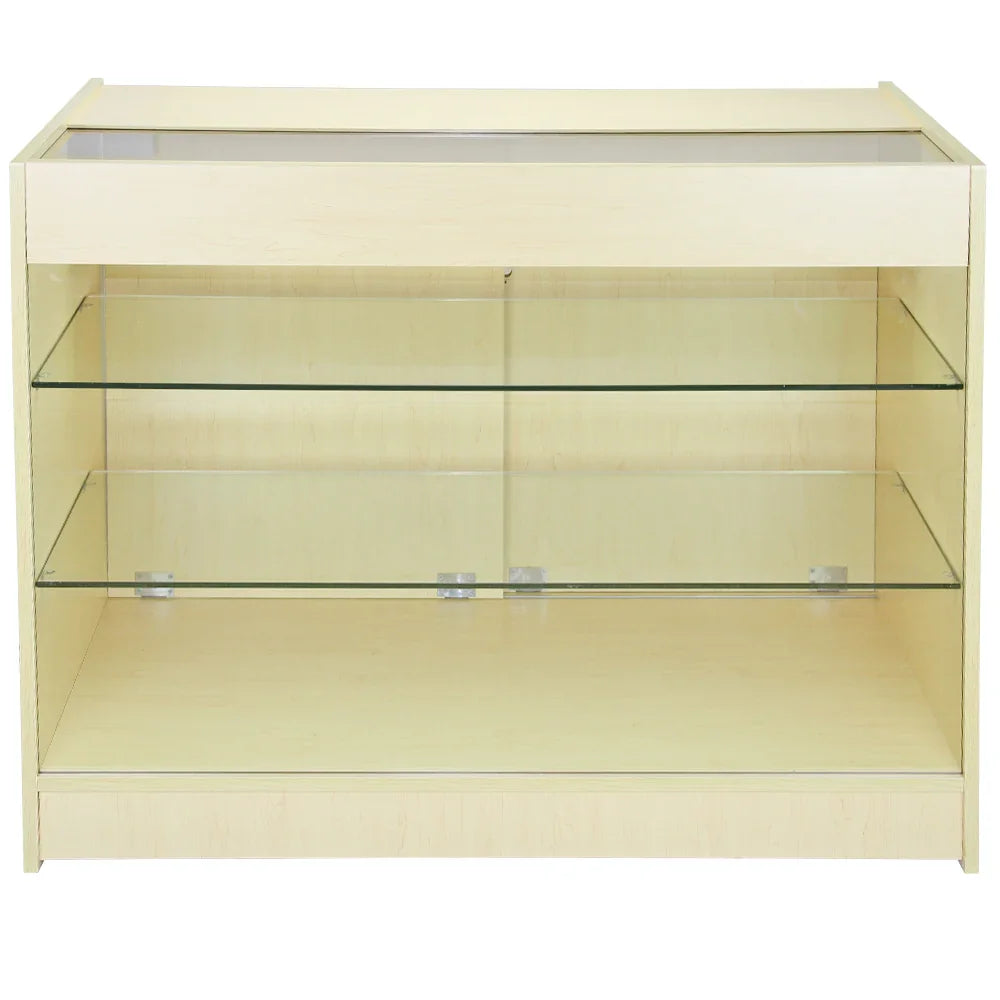 Maple glazed display counter K1200 with a sleek design, featuring two glass shelves and a smooth wooden finish, ideal for showcasing products
