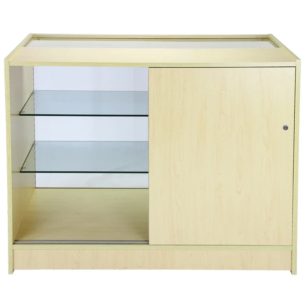 Maple glazed display counter with a sleek design, featuring glass shelves and a sliding door, ideal for showcasing products