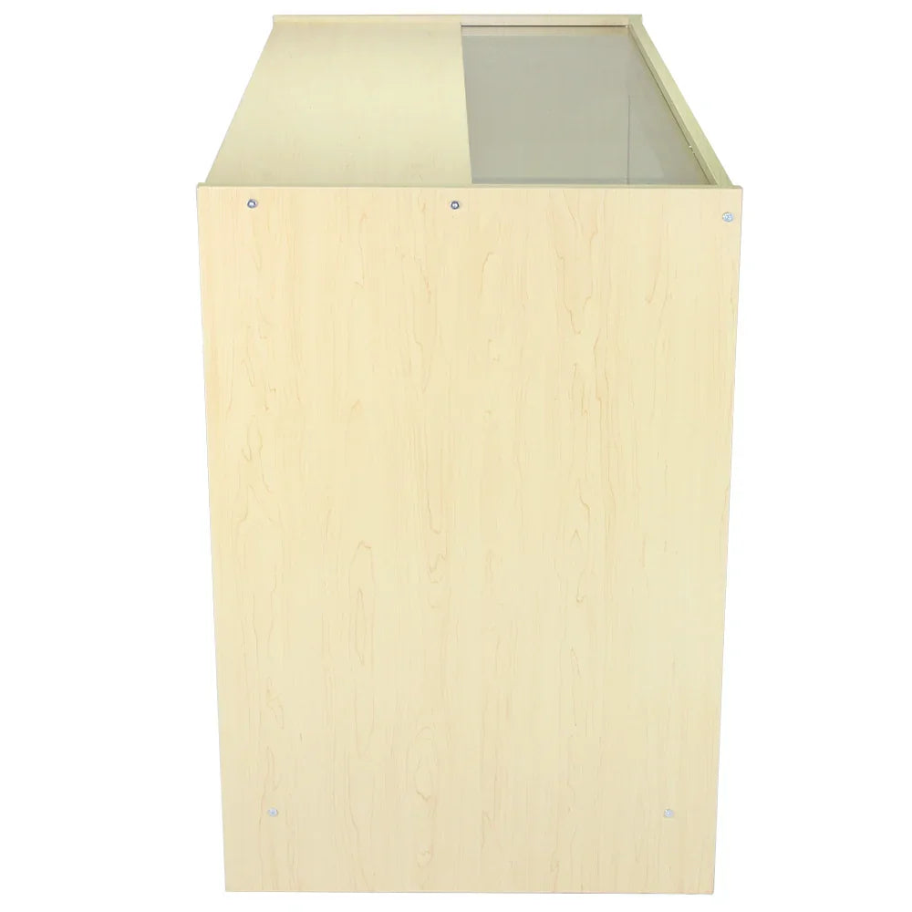 Maple glazed display counter K1200 with a sleek design, featuring a glass top and smooth wood finish, ideal for showcasing products