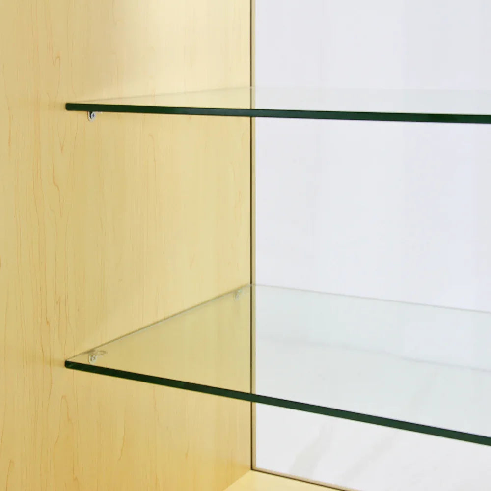Maple Glazed Product Display Counter K1200 featuring smooth wood finish, two glass shelves, and sleek modern design for showcasing items