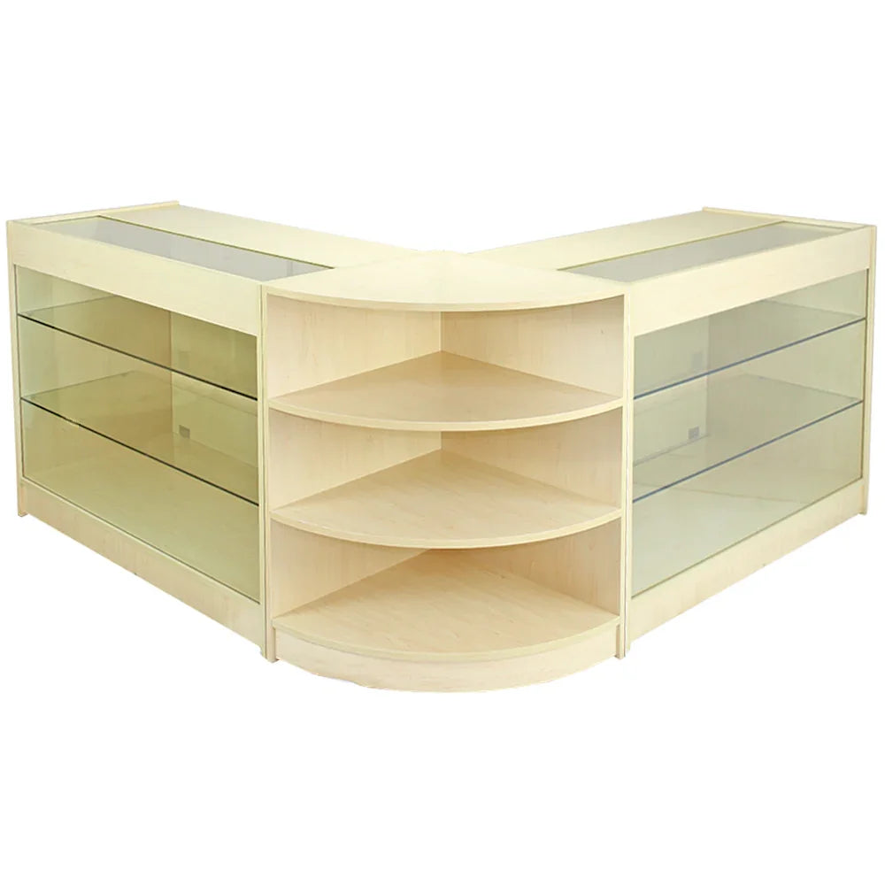 Pulsar Maple Shop Counter & Retail Display Set featuring a light maple finish, glass shelves, and a modern curved design for optimal product visibility