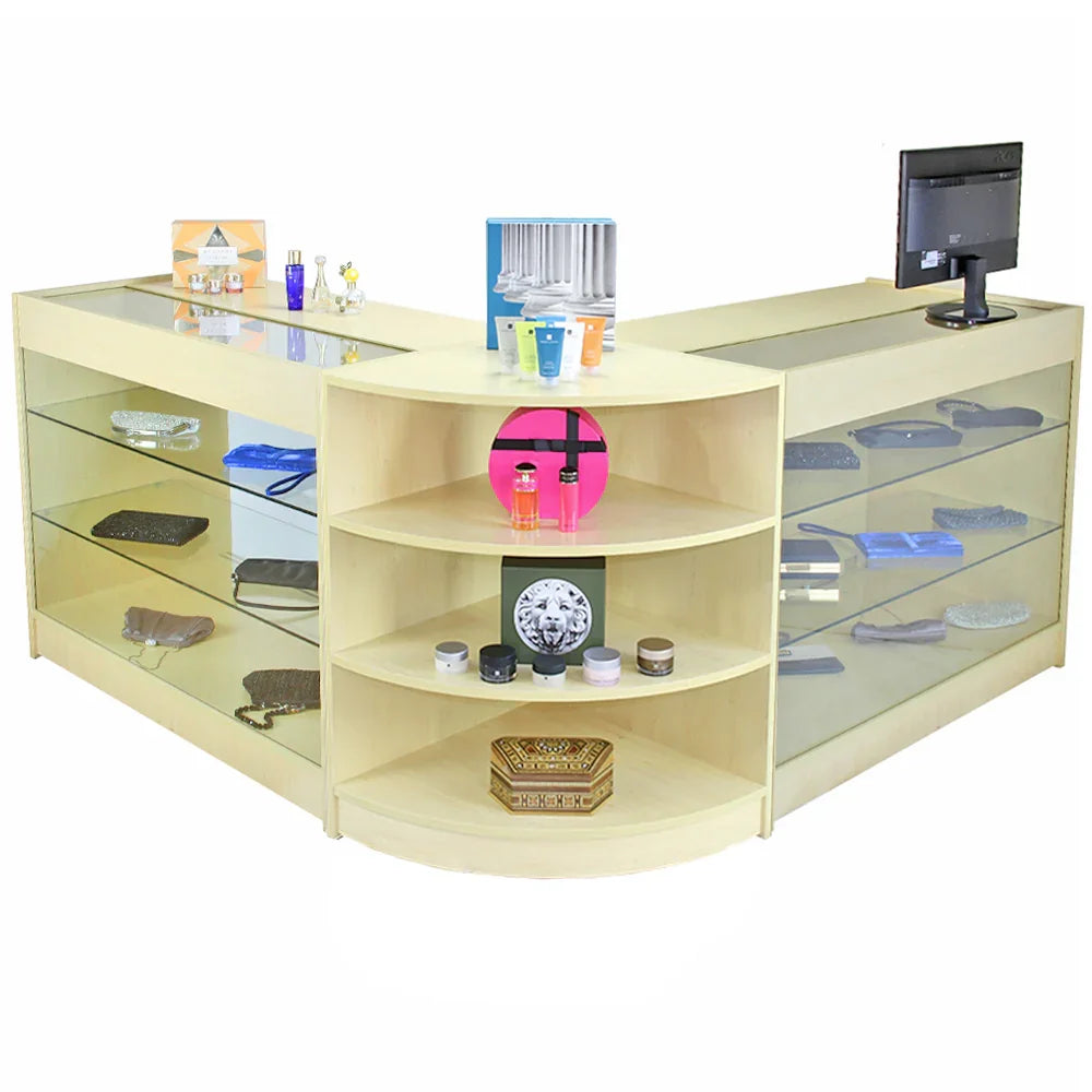 Pulsar Maple shop counter and retail display set featuring a light maple finish, glass shelves, and a modern design for showcasing products