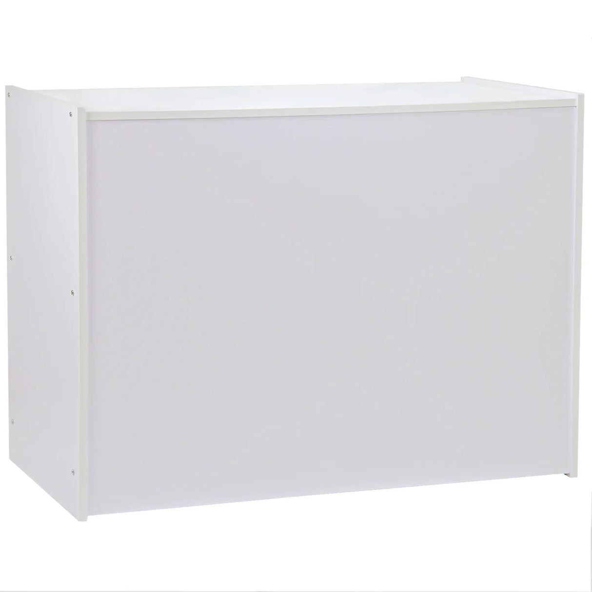 Brilliant white shop counter with a sleek, modern design, featuring smooth surfaces and sturdy construction for retail displays