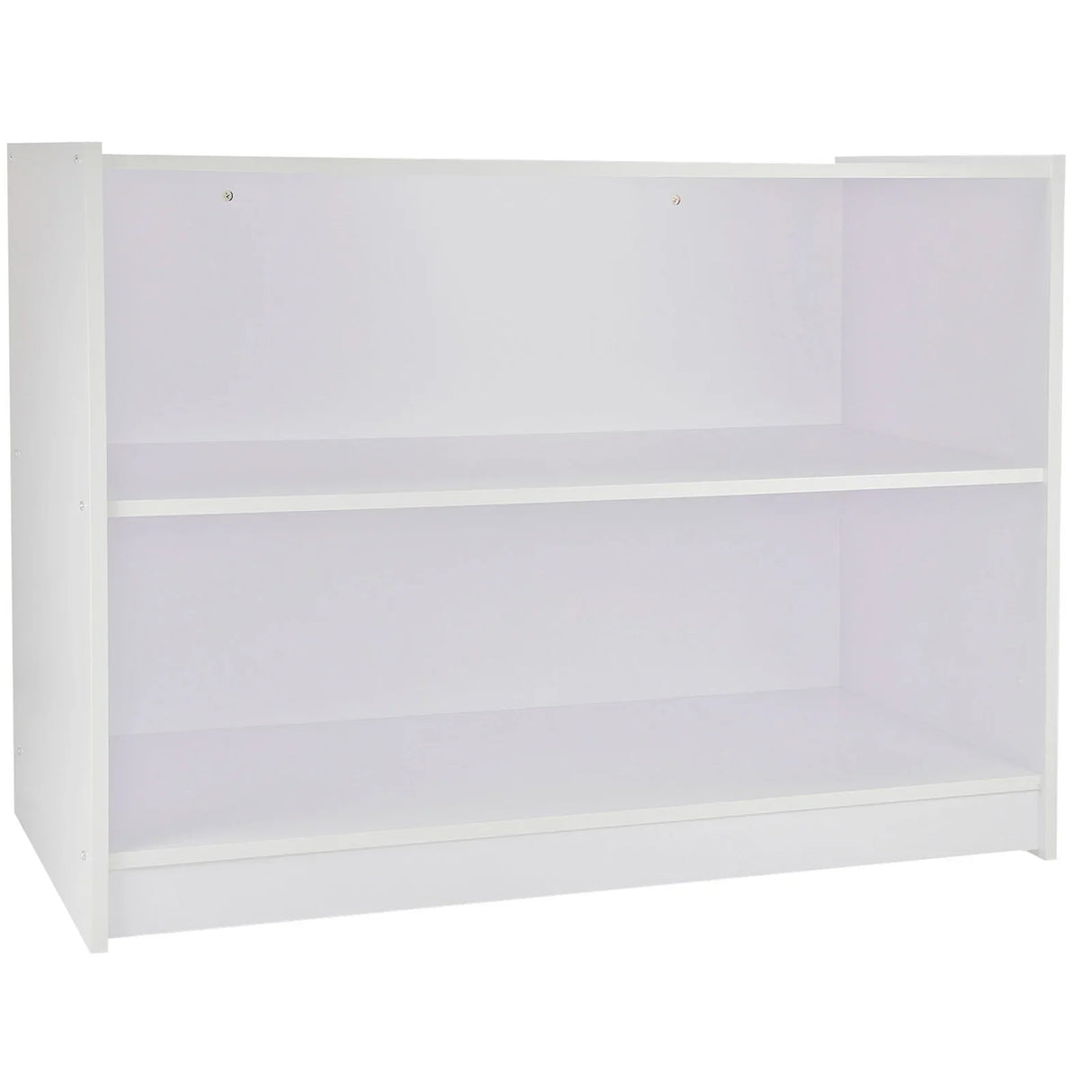 Brilliant white retail shop counter featuring two spacious shelves, sleek design, and smooth finish, ideal for showcasing products