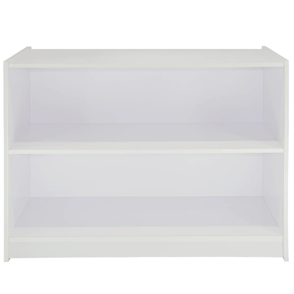 Brilliant white retail display counter with two spacious shelves, featuring a sleek, modern design and smooth finish for a clean look