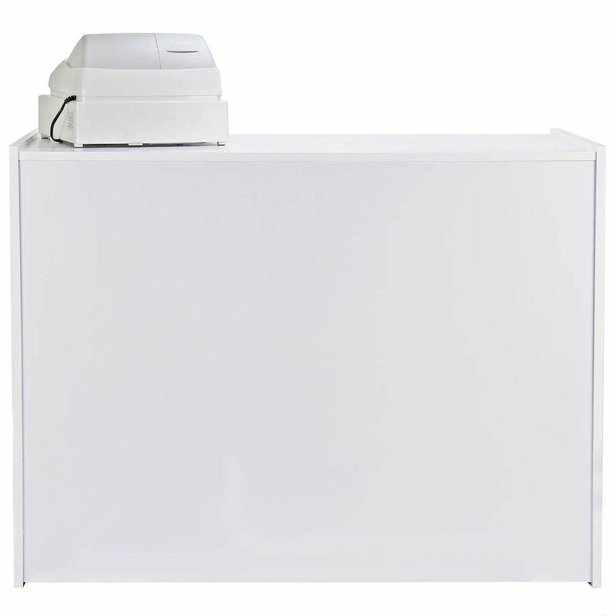 Brilliant white retail shop counter with a sleek design, featuring a smooth surface and a compact cash register on top