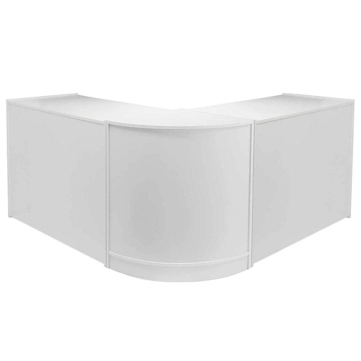 Brilliant white retail display set featuring a sleek, curved design with smooth surfaces, ideal for shop counters and showcases