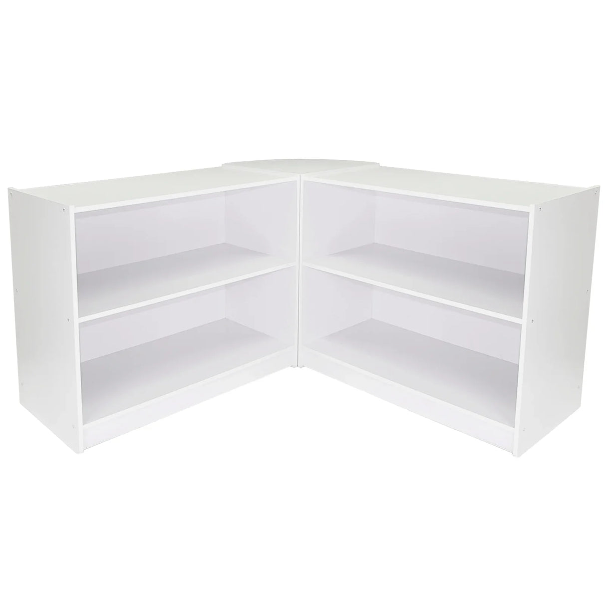 Brilliant white retail display set featuring a modern corner shop counter with two open shelves for organized product presentation