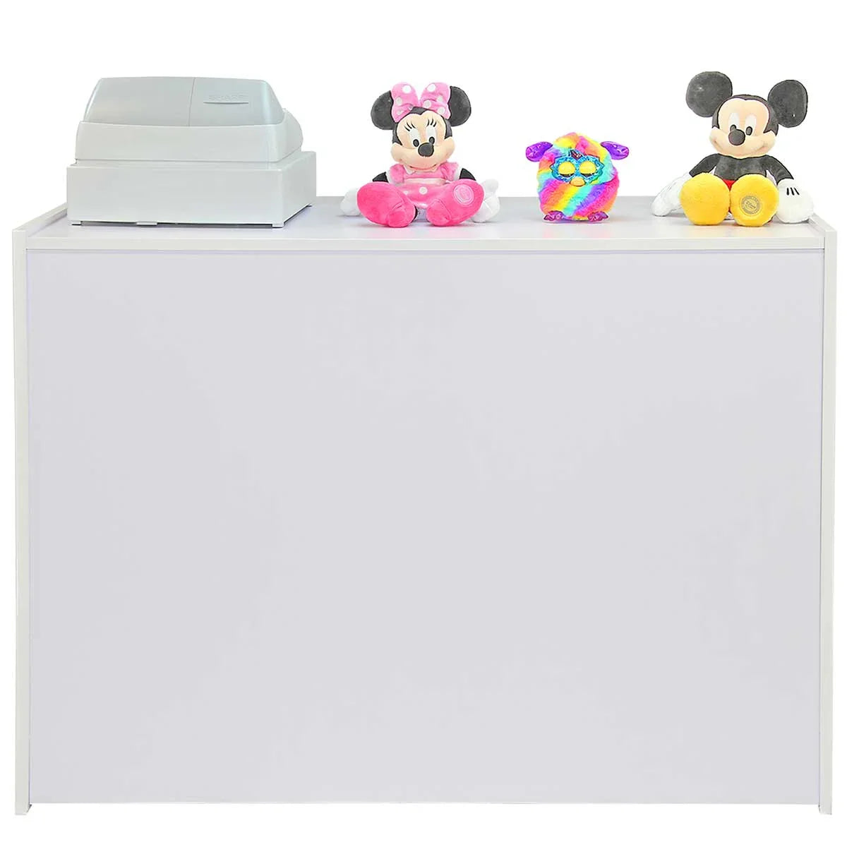 Brilliant white retail display counter featuring a cash register, with colorful plush toys of Mickey and Minnie Mouse on top