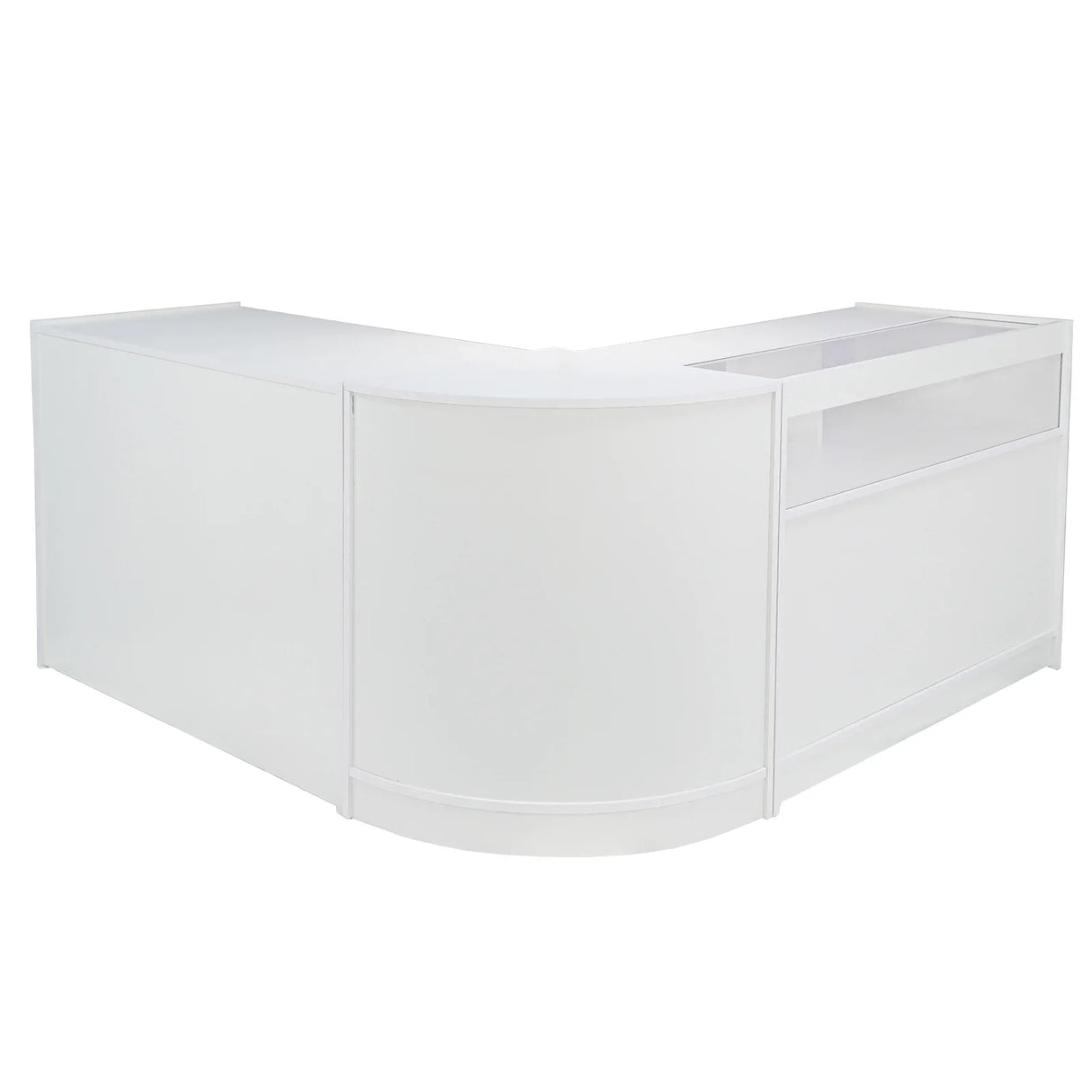 Brilliant White corner display counter featuring a sleek, modern design with smooth surfaces and a glass showcase section