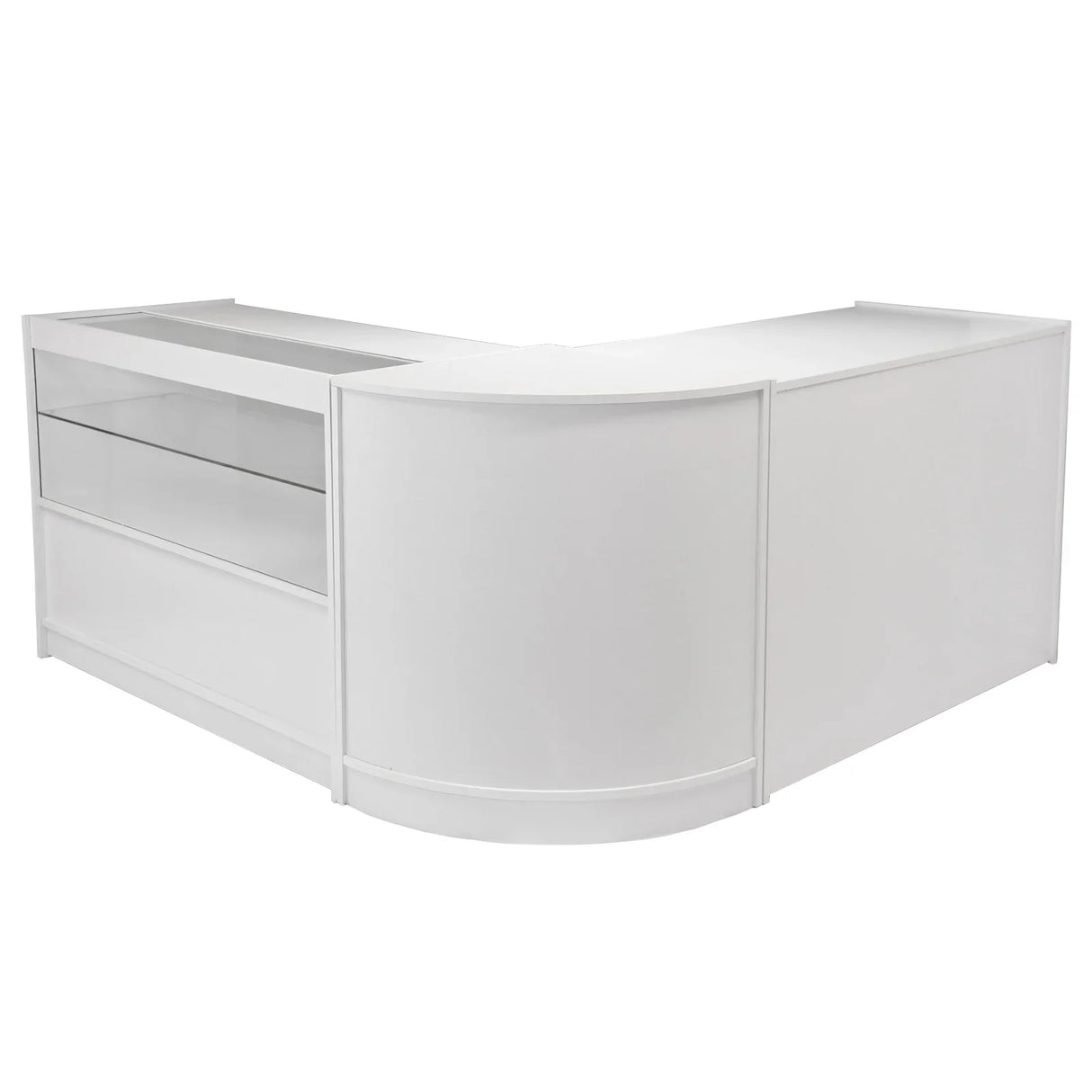 Brilliant white Draco A1200 display counter with curved edges, glass shelving, and sleek design, ideal for retail environments