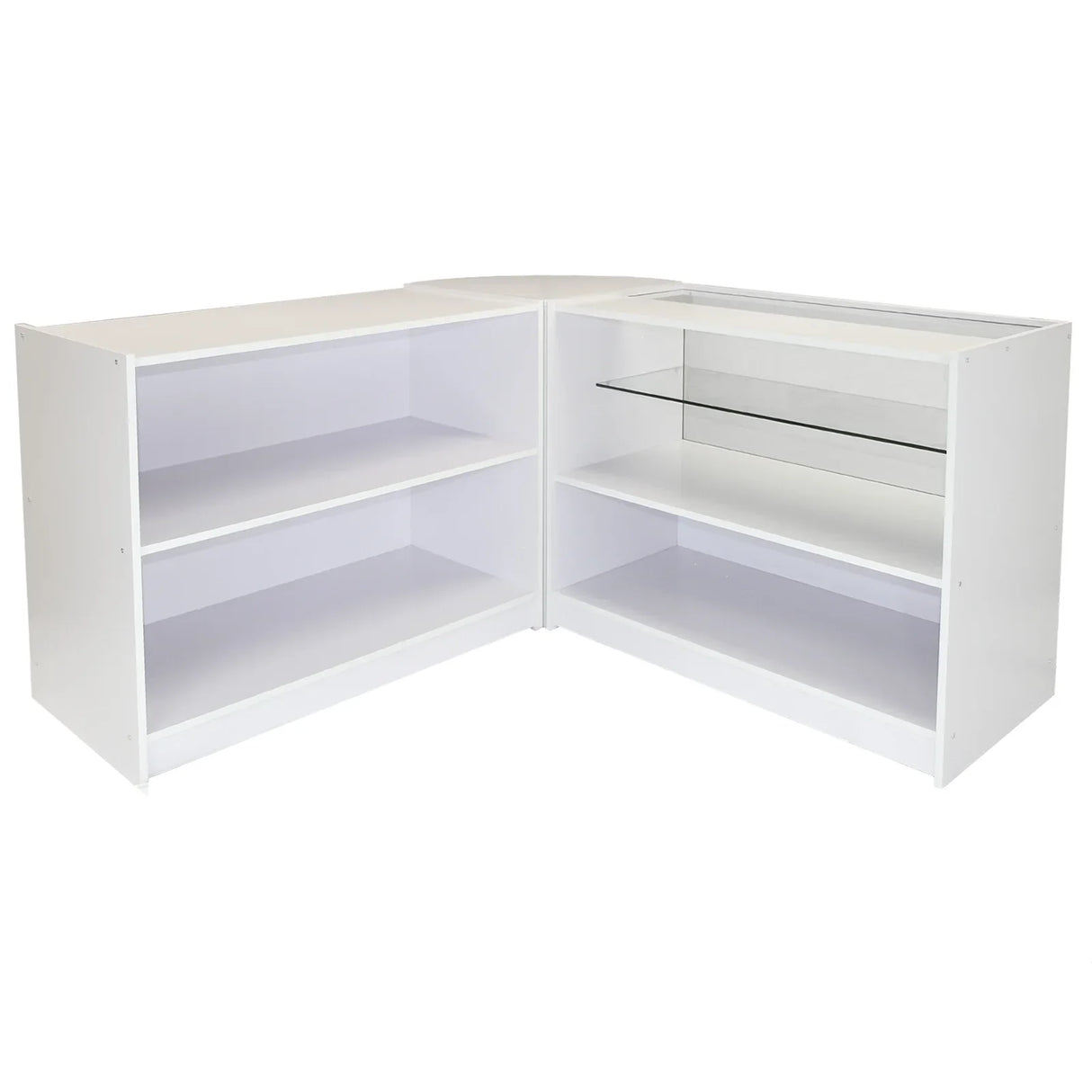 Brilliant white corner display unit with open shelves and a glass top, ideal for showcasing products in retail spaces