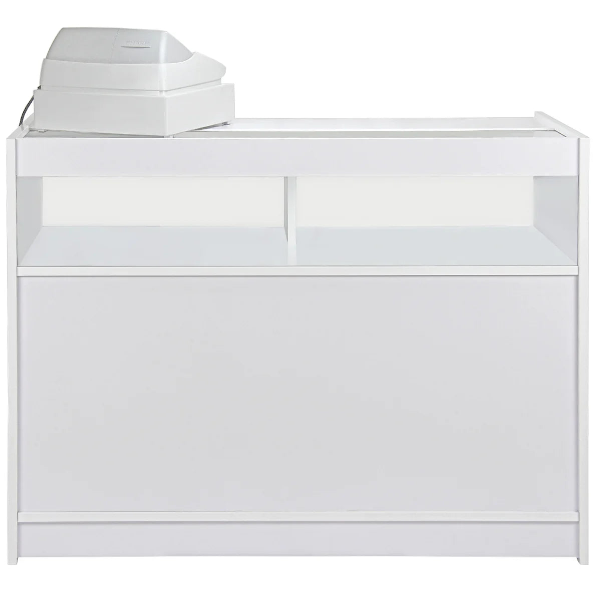 Brilliant white retail shop counter with sleek design, two open shelves, and a cash register on top, ideal for modern stores