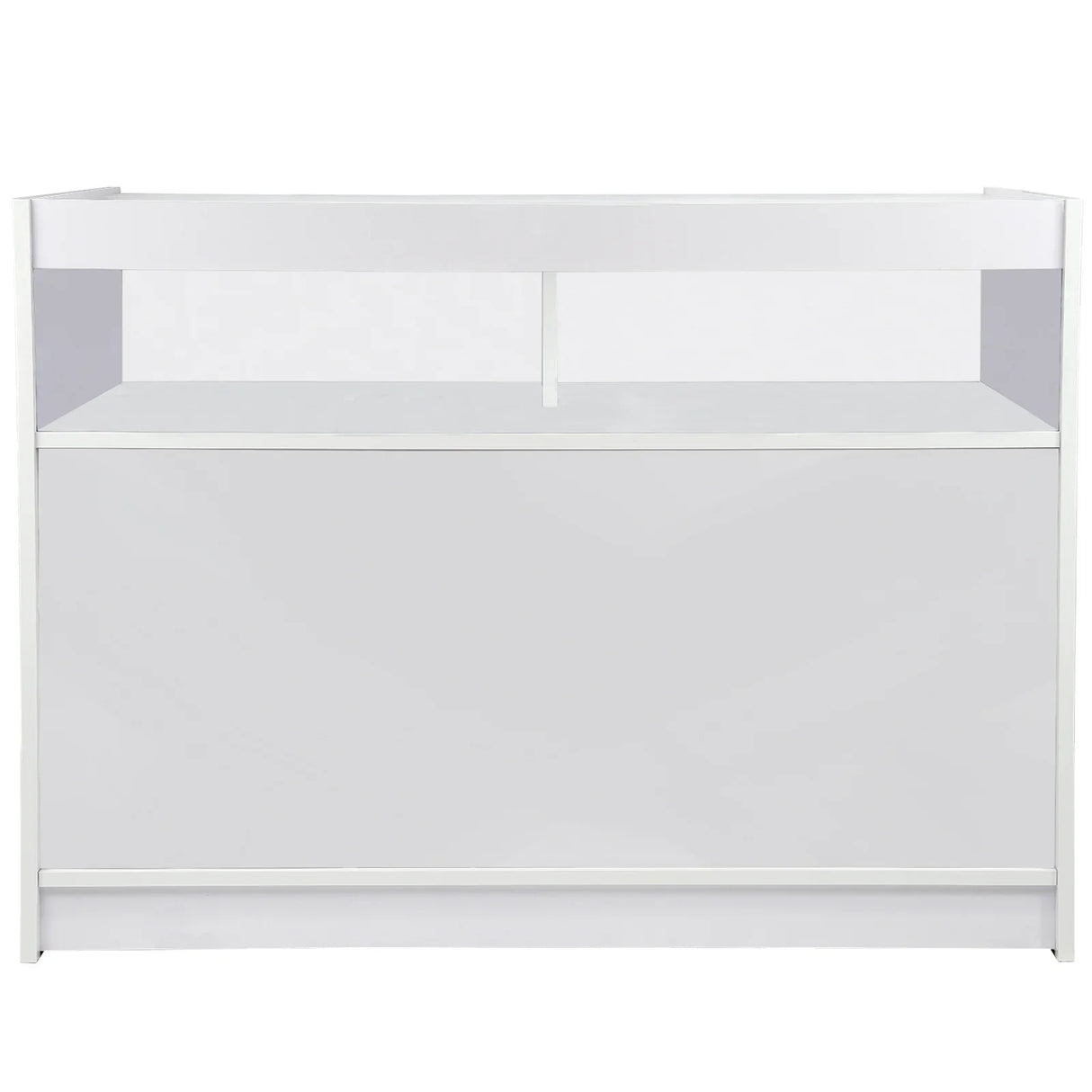 B1200 Retail Shop Counter in brilliant white, featuring a sleek, modern design with a smooth finish and spacious top for displays