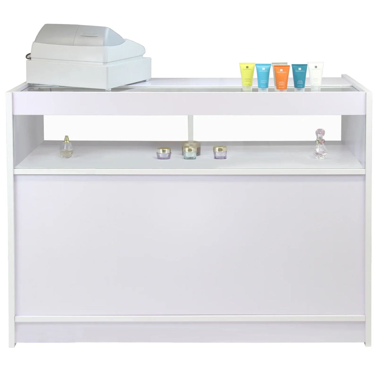 Brilliant white retail shop counter with a sleek design, featuring a cash register and colorful skincare products displayed on top