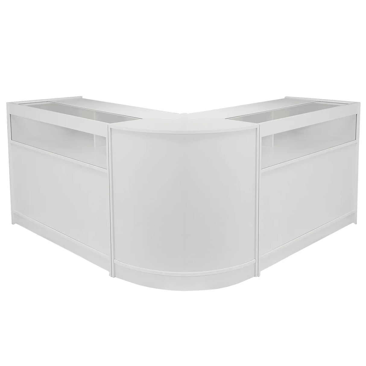 Fusion Brilliant White shop counter and retail display set featuring a sleek, modern design with smooth surfaces and a curved shape