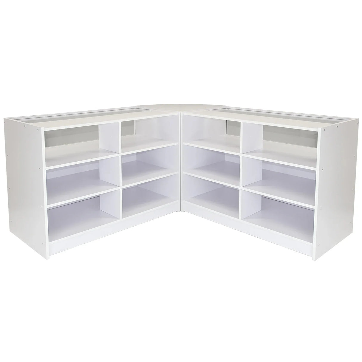 Brilliant white retail display set featuring a modern corner shop counter with multiple open shelves for organized product presentation