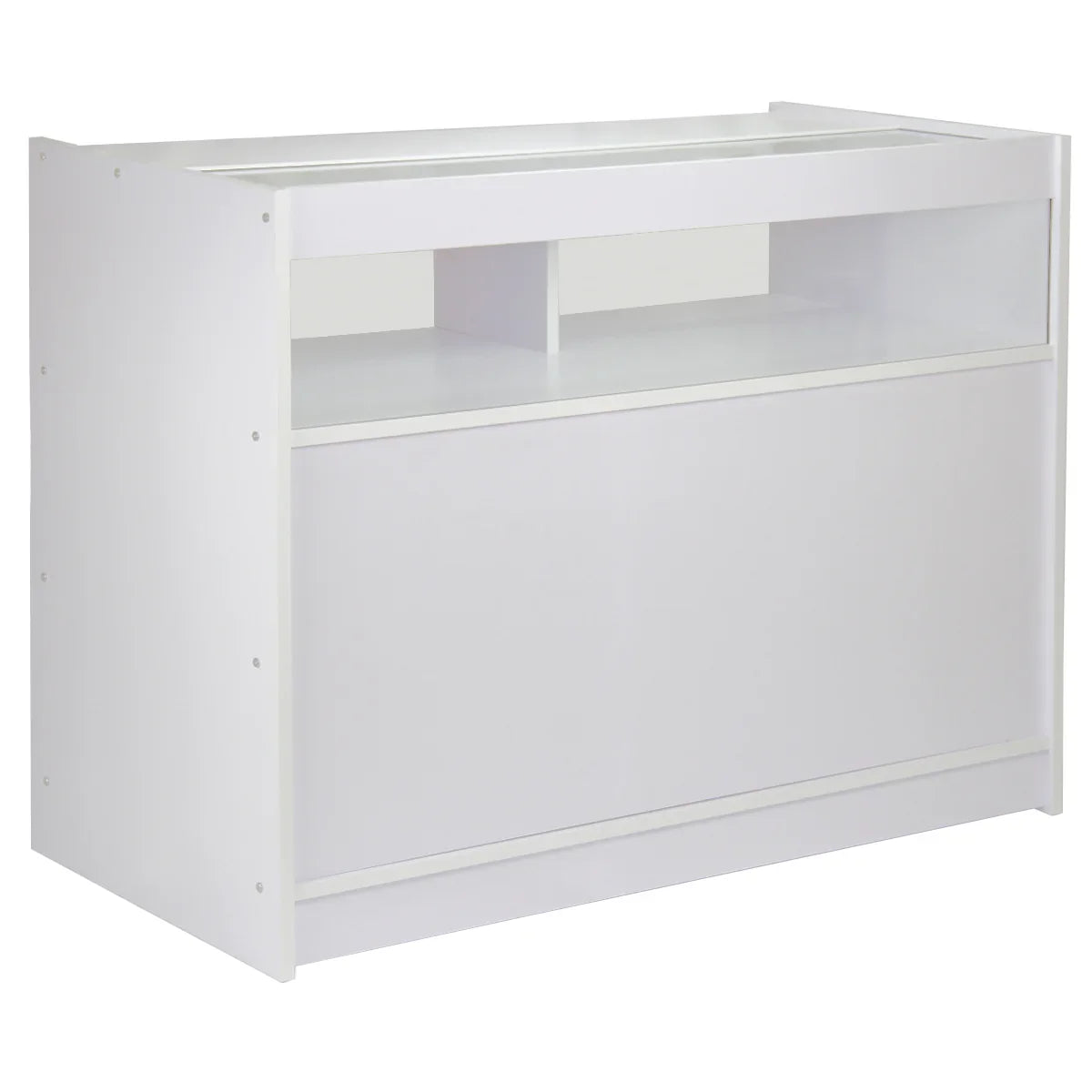Fusion Brilliant White shop counter with sleek design, smooth white finish, and open display area for retail products
