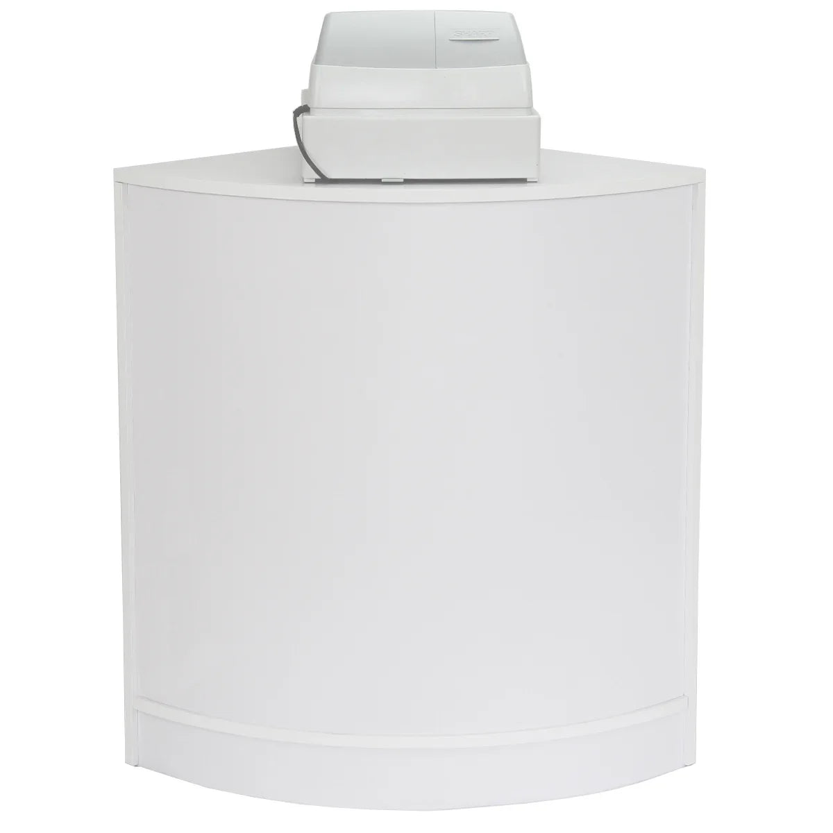 Brilliant white curved shop counter with a sleek design, featuring a cash register on top, ideal for retail displays and customer service