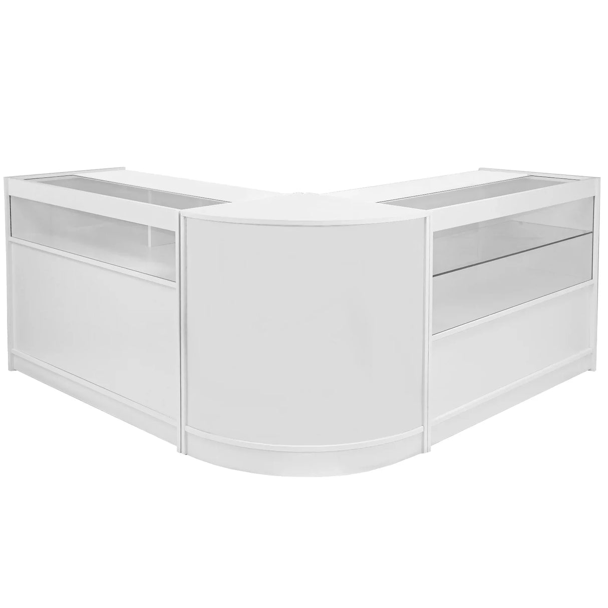 Brilliant white corner display case with glass shelves, sleek design, and smooth surfaces, ideal for showcasing products in retail settings