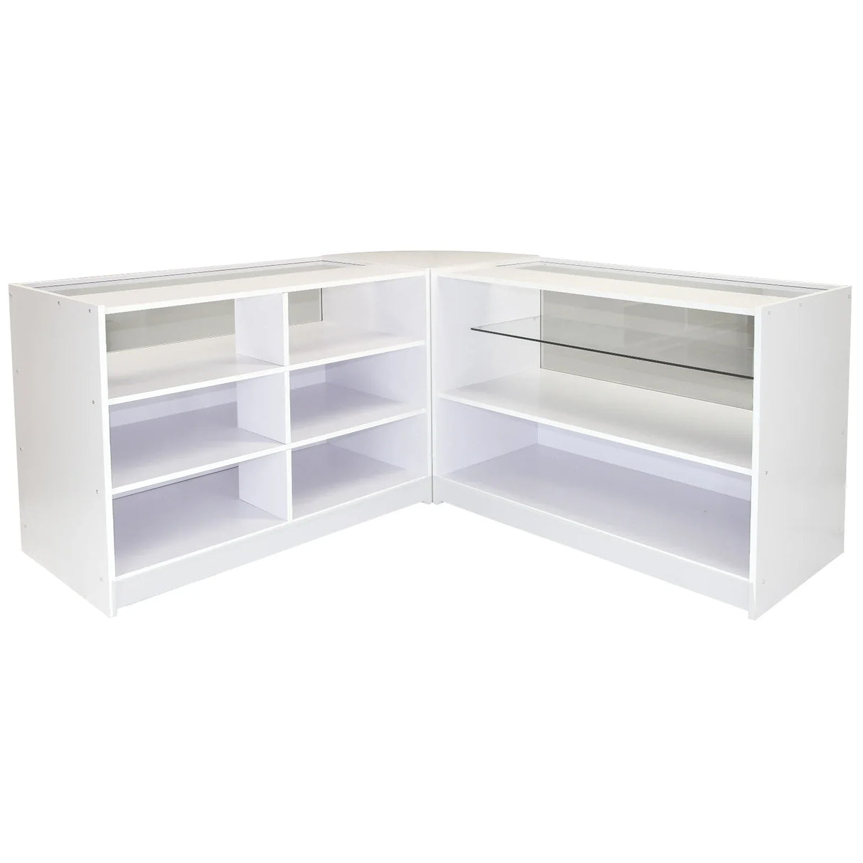 Brilliant white corner display unit with multiple shelves, glass top, and sleek modern design, perfect for showcasing products