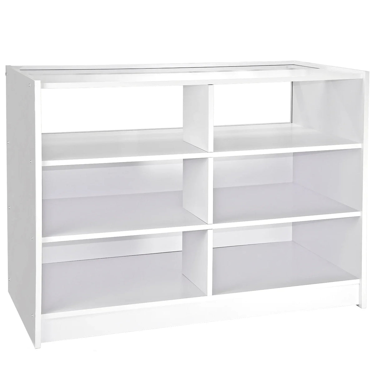 Brilliant white Leo B1200 display unit with six open shelves, featuring a sleek, modern design and smooth, glossy finish