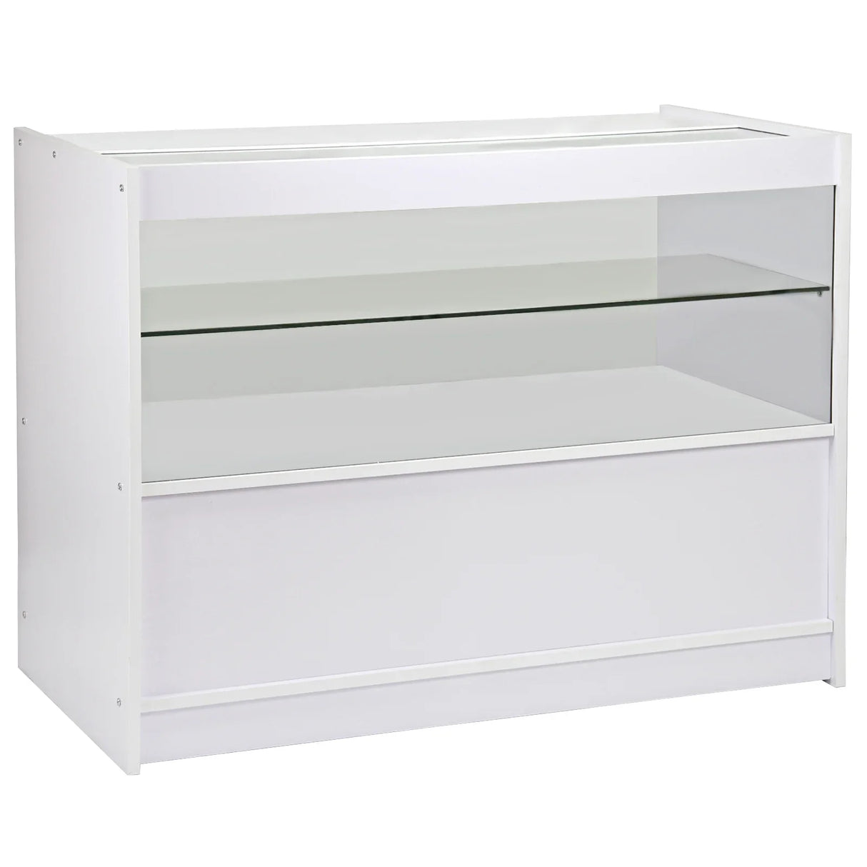 Brilliant white display cabinet featuring a sleek design, glass shelves, and a spacious interior for showcasing products