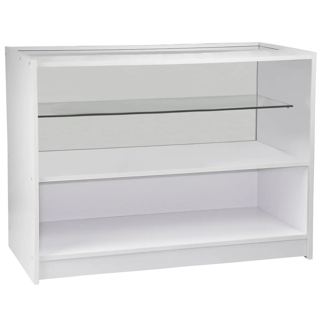Brilliant white display cabinet with a glass shelf, featuring a sleek design and spacious open compartments for showcasing products