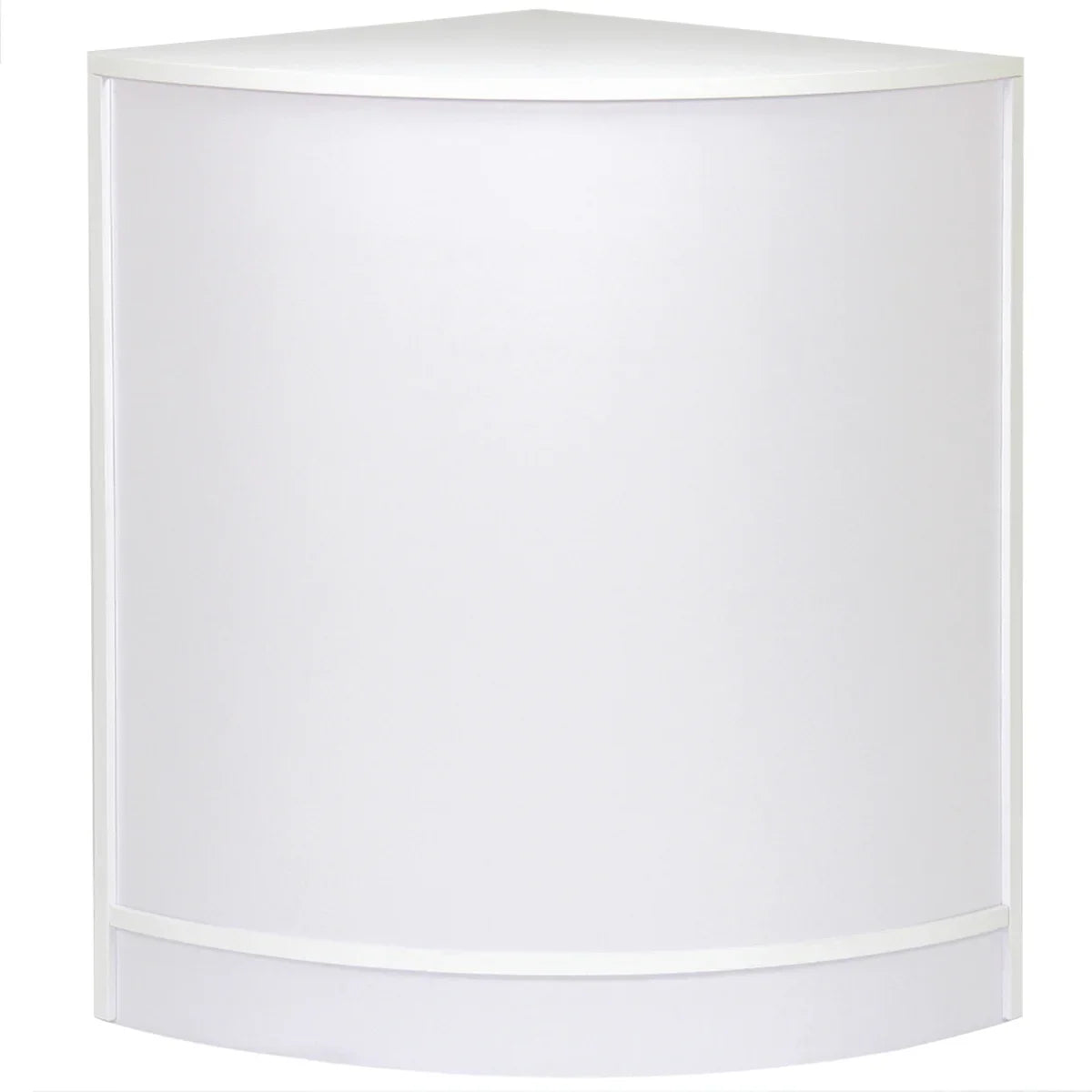 Brilliant white corner display unit with a smooth, glossy finish, designed for showcasing products in retail spaces