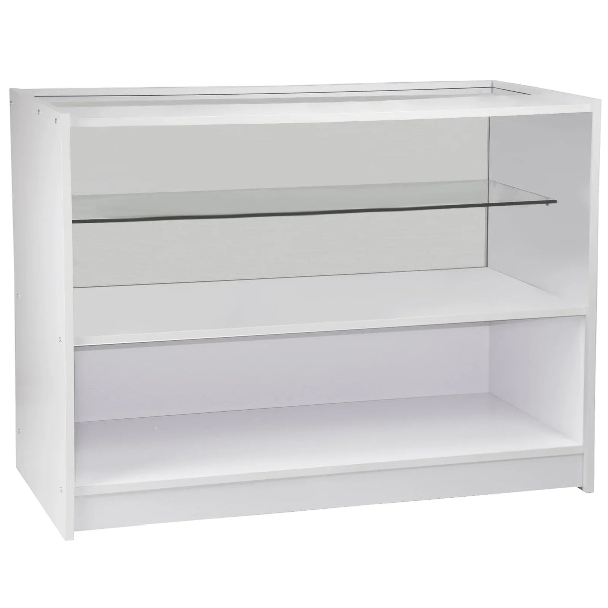 C1200 retail shop counter in brilliant white, featuring a sleek design, glass shelf, and spacious lower storage area