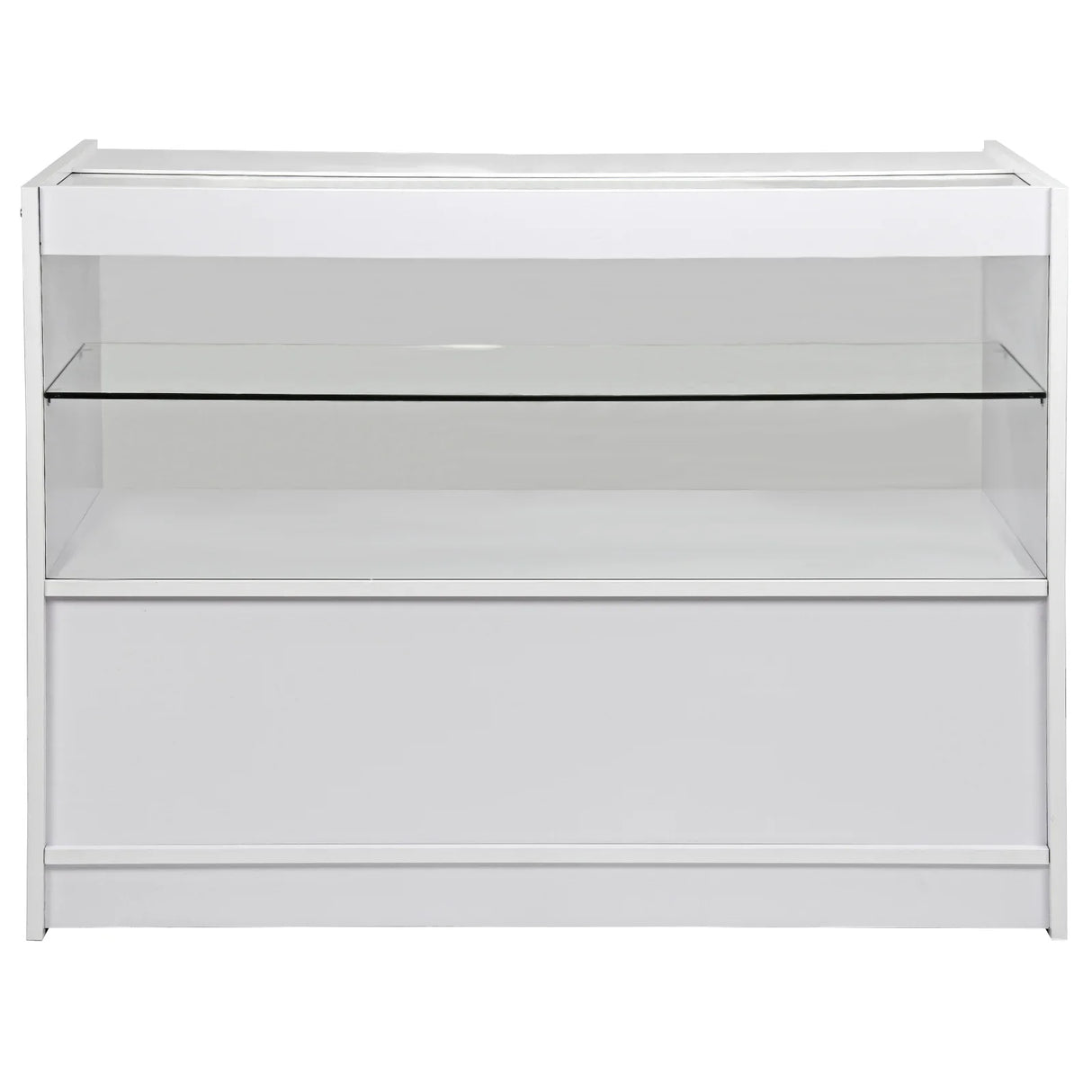 Brilliant white retail shop counter featuring a sleek design, glass display shelf, and spacious storage area for products