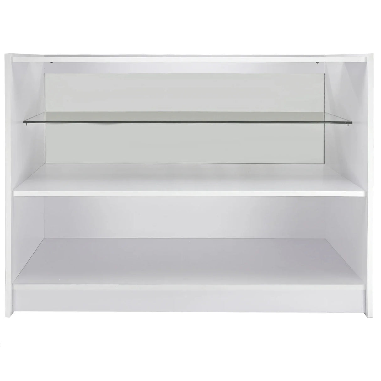 C1200 retail shop counter in brilliant white, featuring a sleek design with two spacious shelves and a glass display top