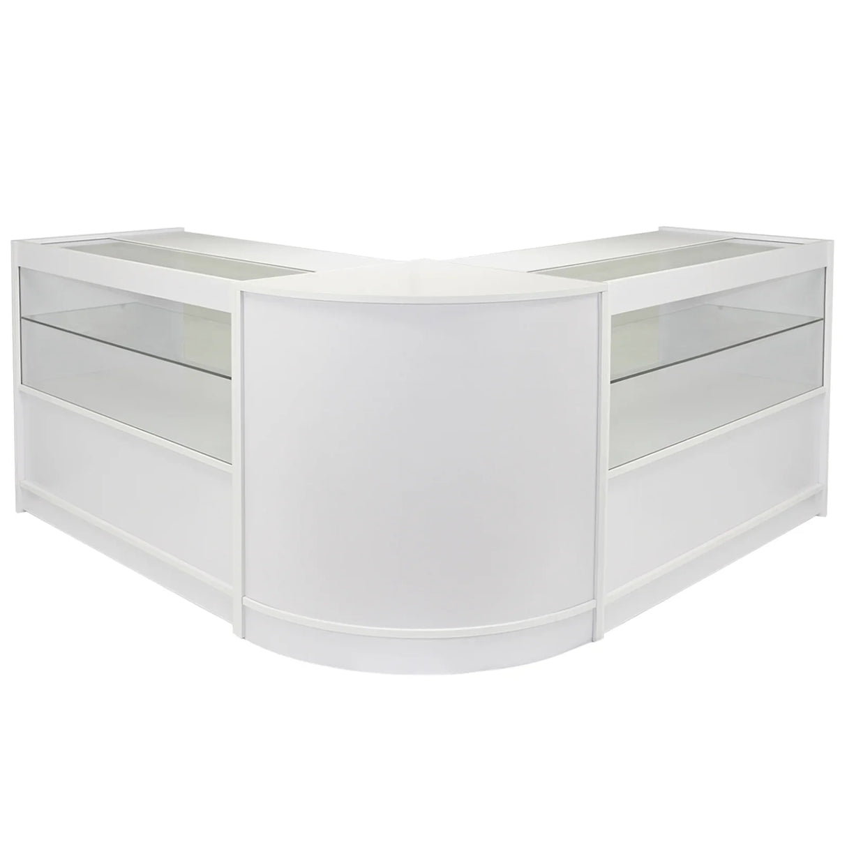 Brilliant white Gemini C1200 display case with curved design, glass shelves, and sleek finish, ideal for showcasing products