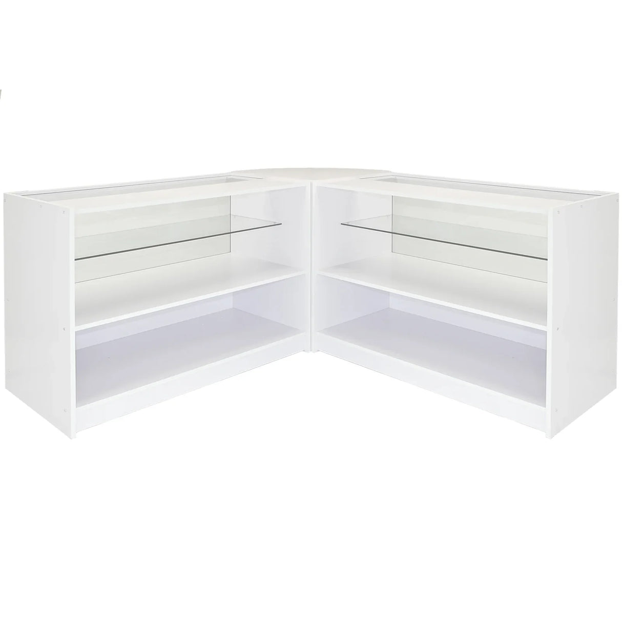 Brilliant white corner display unit with glass shelves, sleek design, and smooth finish, ideal for showcasing products in retail spaces