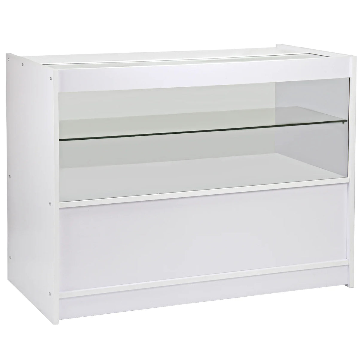Brilliant white display cabinet with a glass shelf, sleek design, and modern finish, ideal for showcasing products in retail spaces