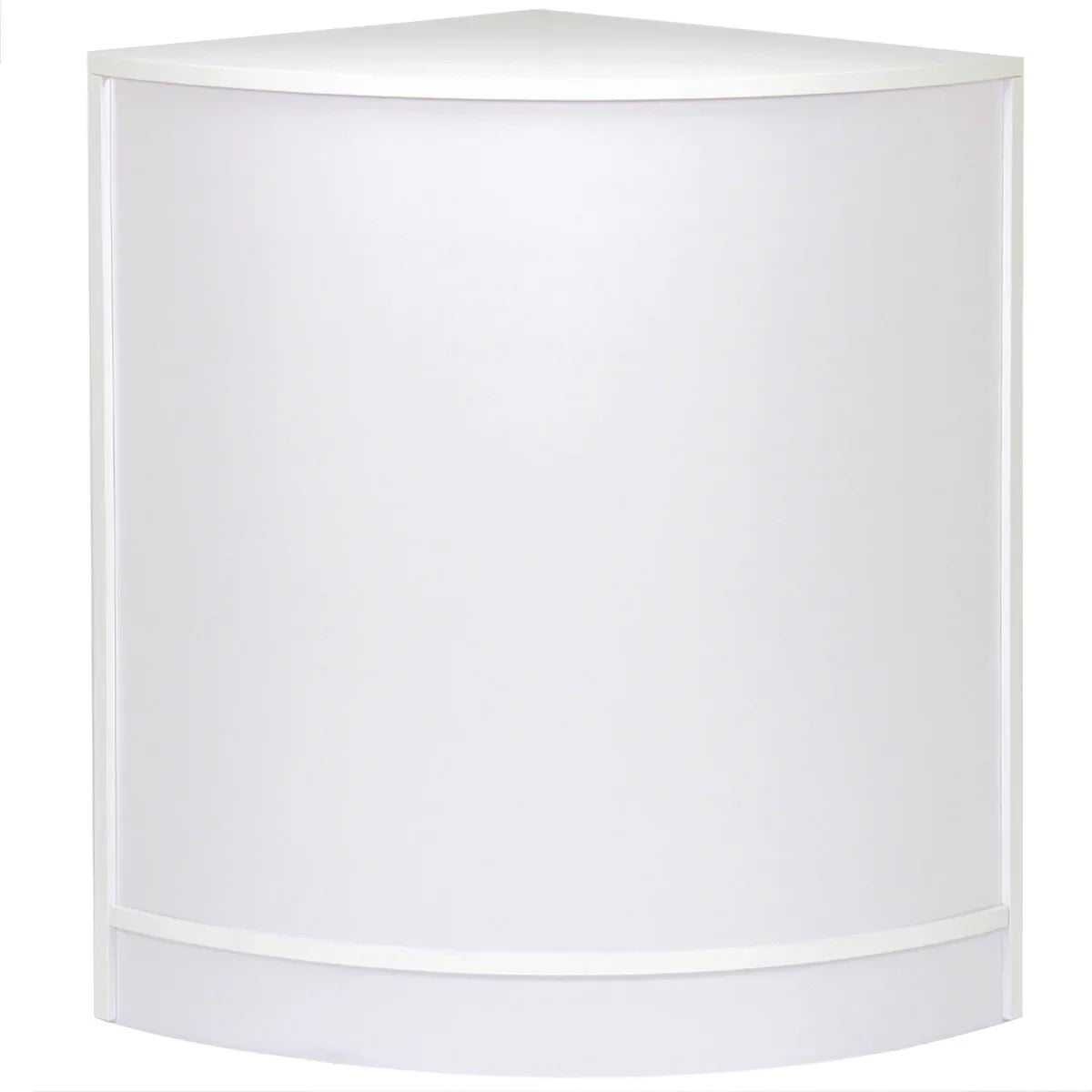 Brilliant white corner display unit with a smooth finish, designed for showcasing products in retail environments