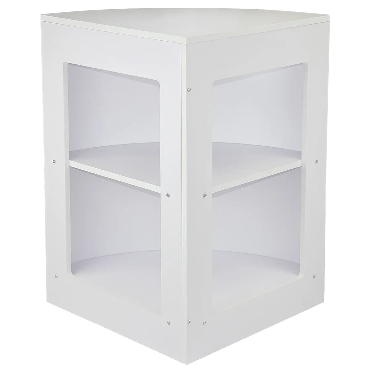 White retail shop corner counter CM60 featuring two open shelves and a sleek, modern design for efficient space utilization
