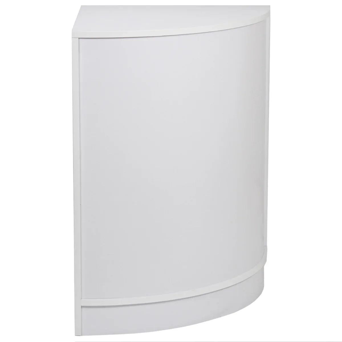 Curved white retail shop counter with a smooth finish, designed for modern retail spaces, offering sleek and stylish display options