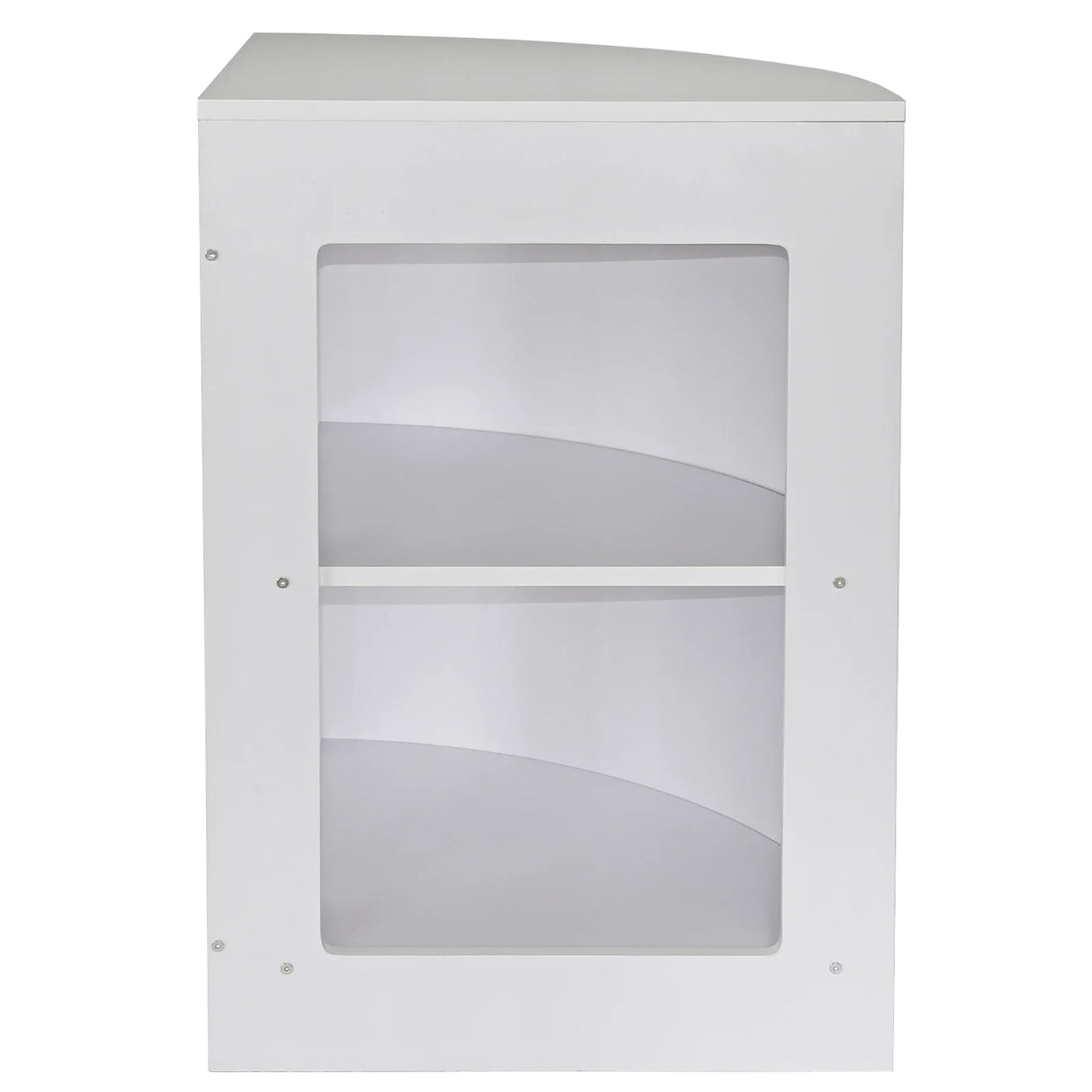 White retail shop corner counter CM60 featuring a sleek design, curved edges, and two spacious shelves for display or storage