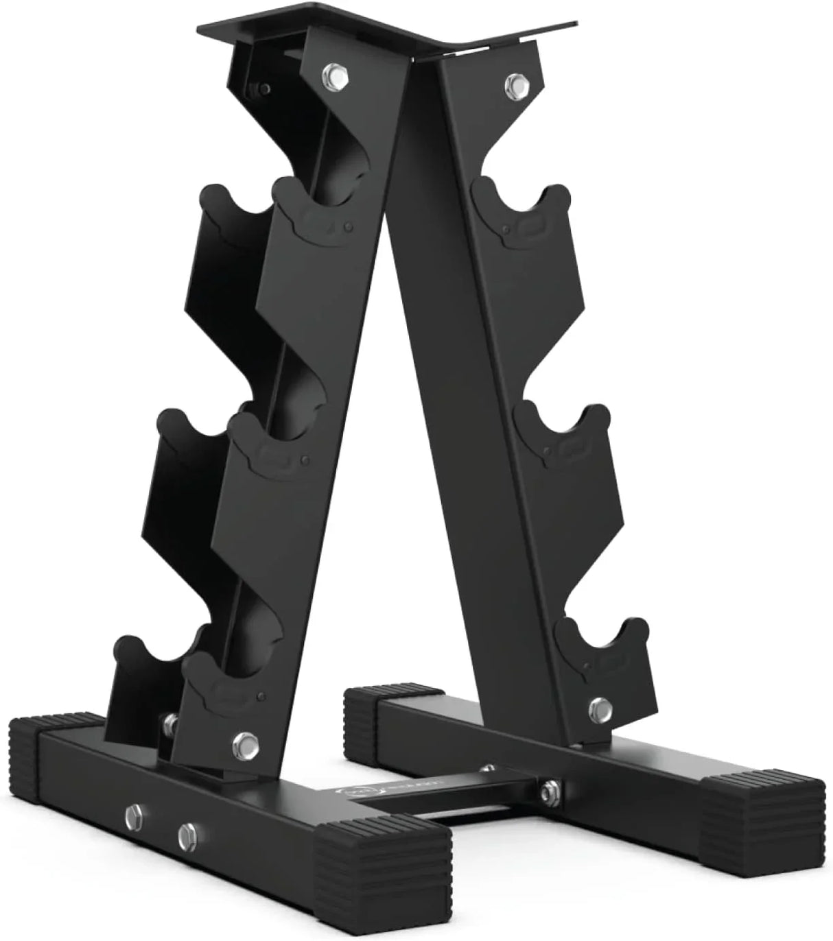 3 Tier Hex Dumbbell Weight Rack in sturdy black metal with a sleek design, featuring rubber feet for stability and secure dumbbell storage