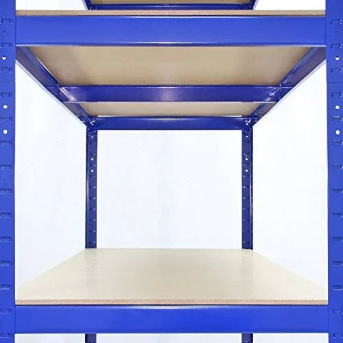 Strong blue metal storage shelves with wooden shelves, 120cm wide and 60cm deep, showcasing sturdy construction and ample storage space