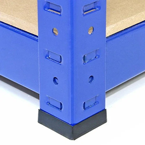 Blue metal corner post of Monster Racking T-Rax storage shelf, showcasing sturdy construction and smooth finish for durability