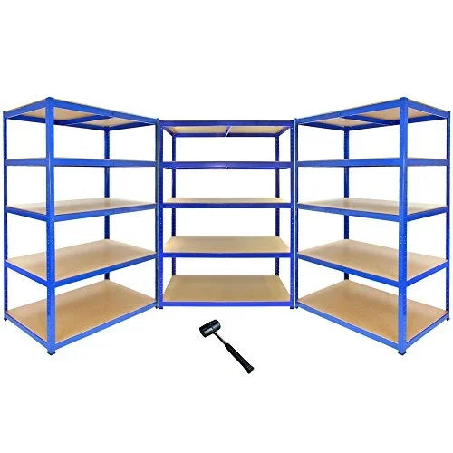 Strong blue metal storage shelves with wooden shelves, 120cm wide and 60cm deep, arranged in a set of three for versatile organization