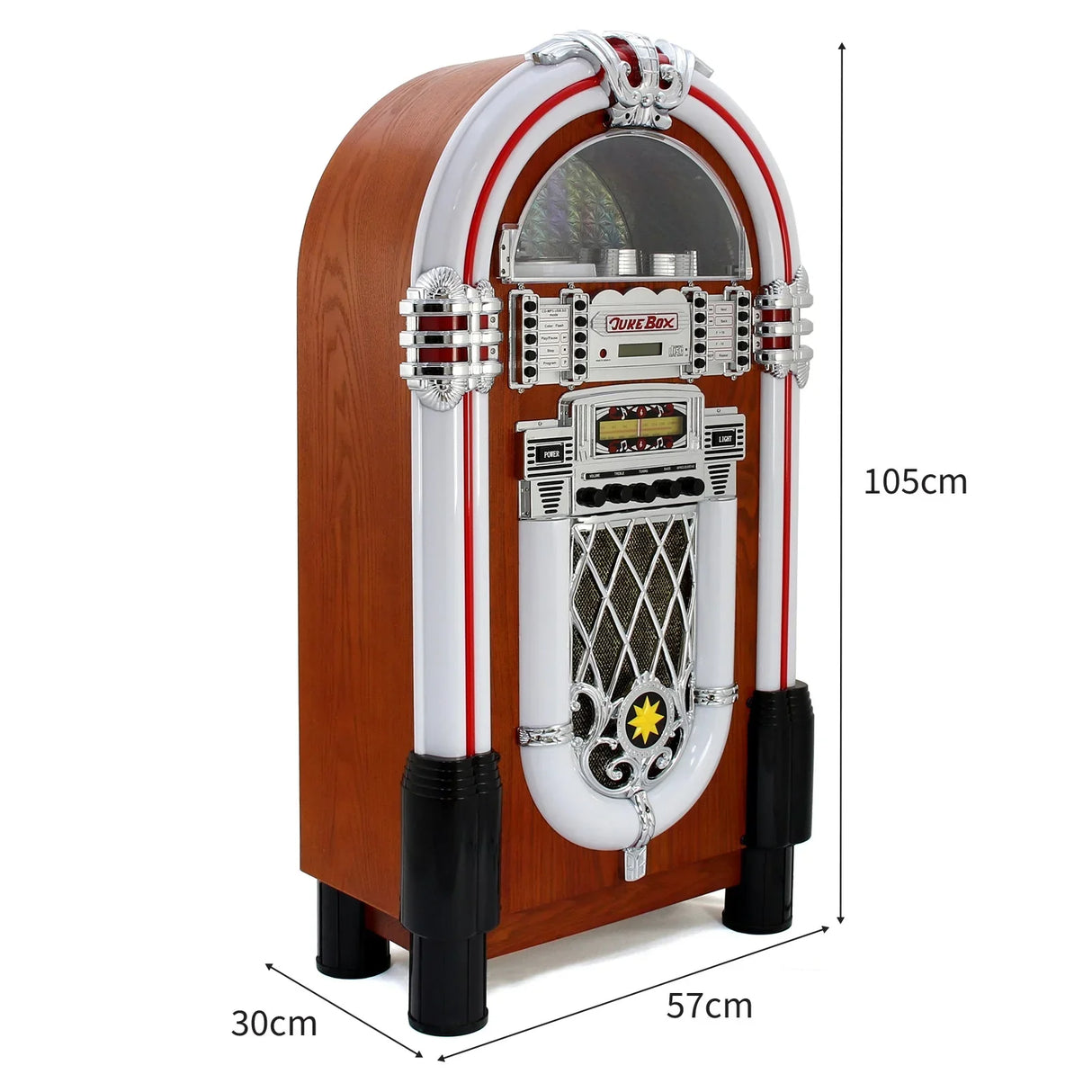 Retro jukebox with a wooden finish, chrome accents, colorful lights, and a CD case, measuring 105cm tall and 57cm wide