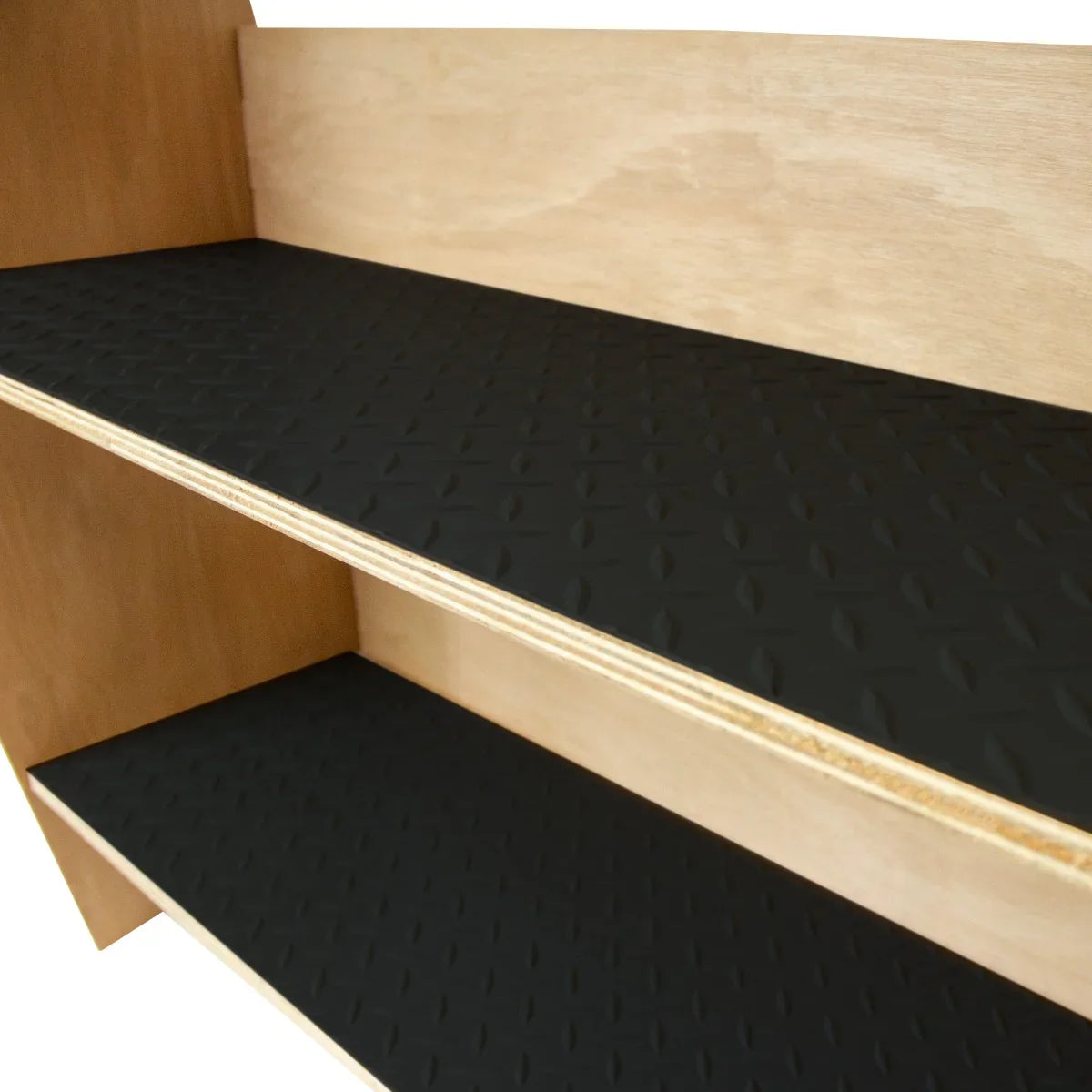 Ford Transit Custom divider racking features durable wooden shelves with textured black rubber mats for secure tool storage and organization
